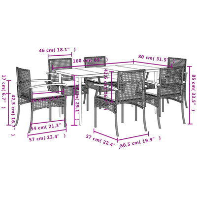 7 Piece Garden Dining Set with Cushions Grey Poly Rattan