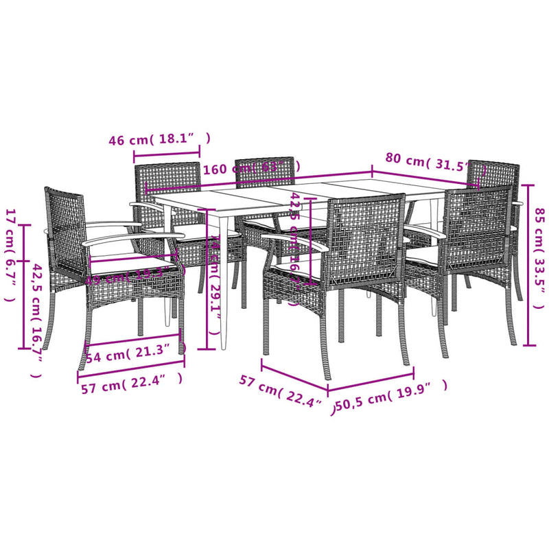 7 Piece Garden Dining Set with Cushions Grey Poly Rattan