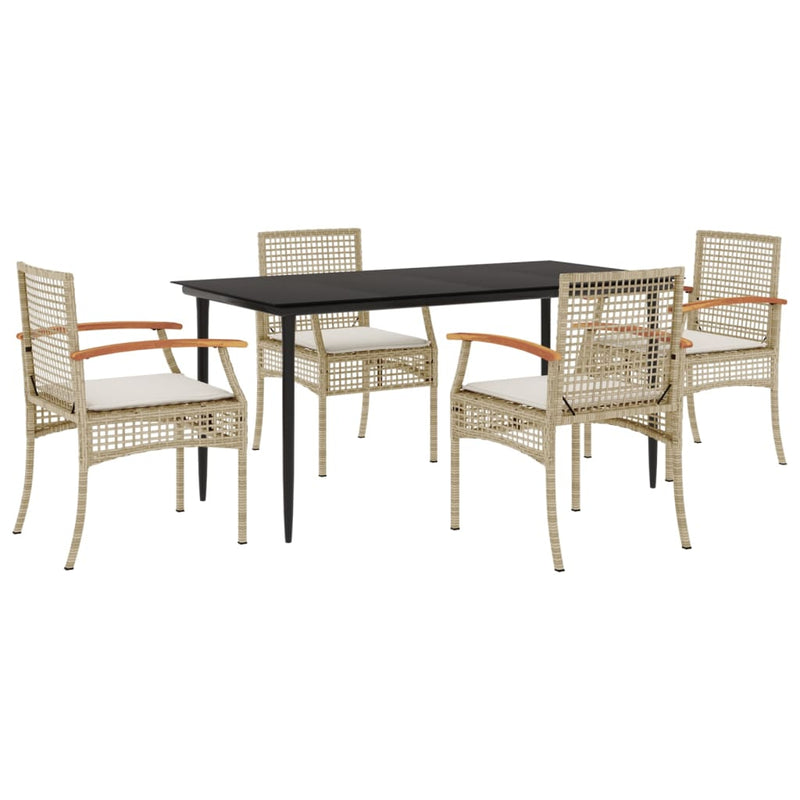 5 Piece Garden Dining Set with Cushions Beige Poly Rattan