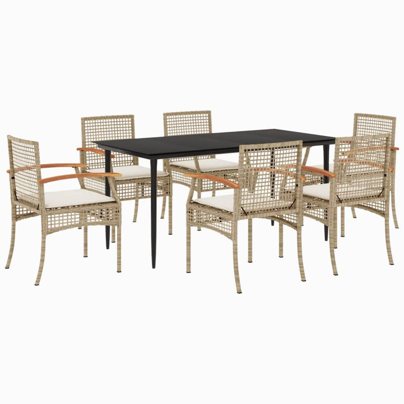 7 Piece Garden Dining Set with Cushions Beige Poly Rattan