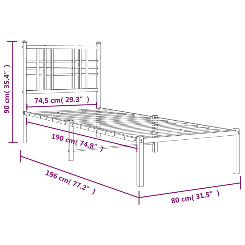 Metal Bed Frame with Headboard Black 75x190 cm Small Single