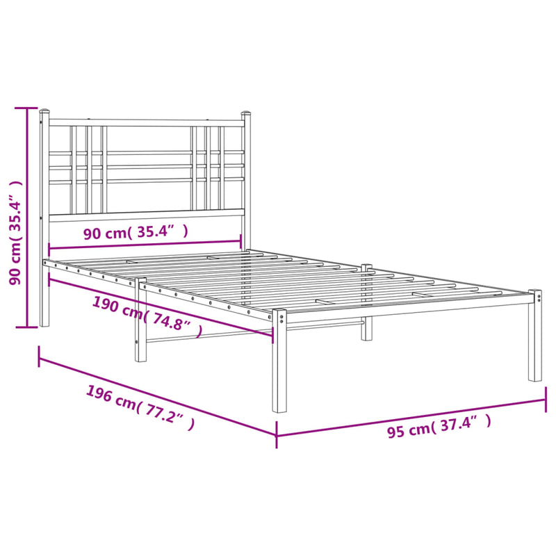 Metal Bed Frame with Headboard Black 90x190 cm Single