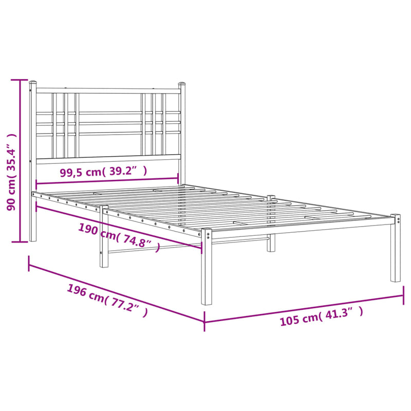 Metal Bed Frame with Headboard Black 100x190 cm