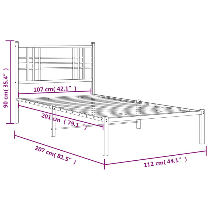 Metal Bed Frame with Headboard Black 107x203 cm