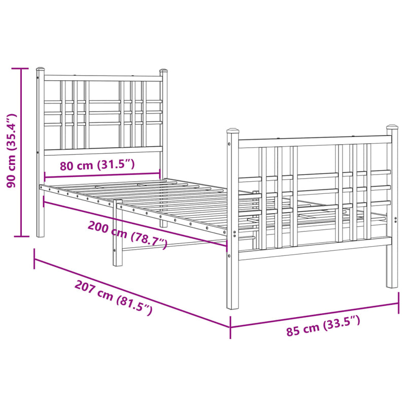 Metal Bed Frame with Headboard and Footboard Black 75x190 cm Small Single