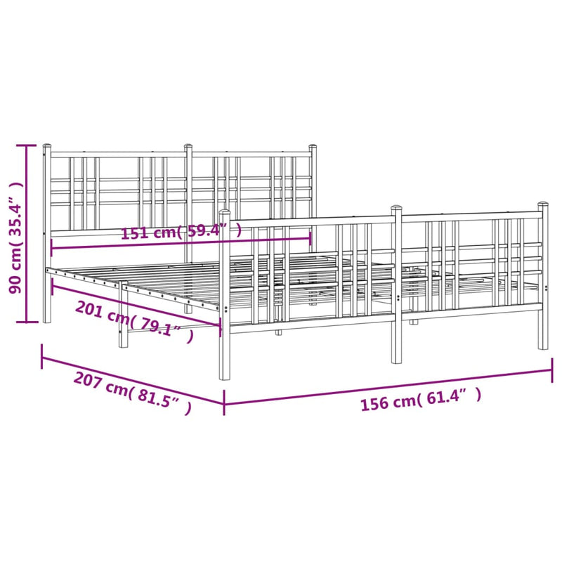 Metal Bed Frame with Headboard and Footboard Black 150x200 cm King Size