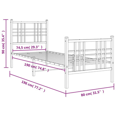 Metal Bed Frame with Headboard and Footboard White 75x190 cm Small Single