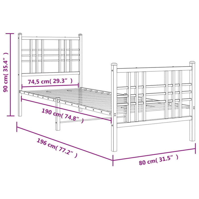 Metal Bed Frame with Headboard and Footboard White 75x190 cm Small Single