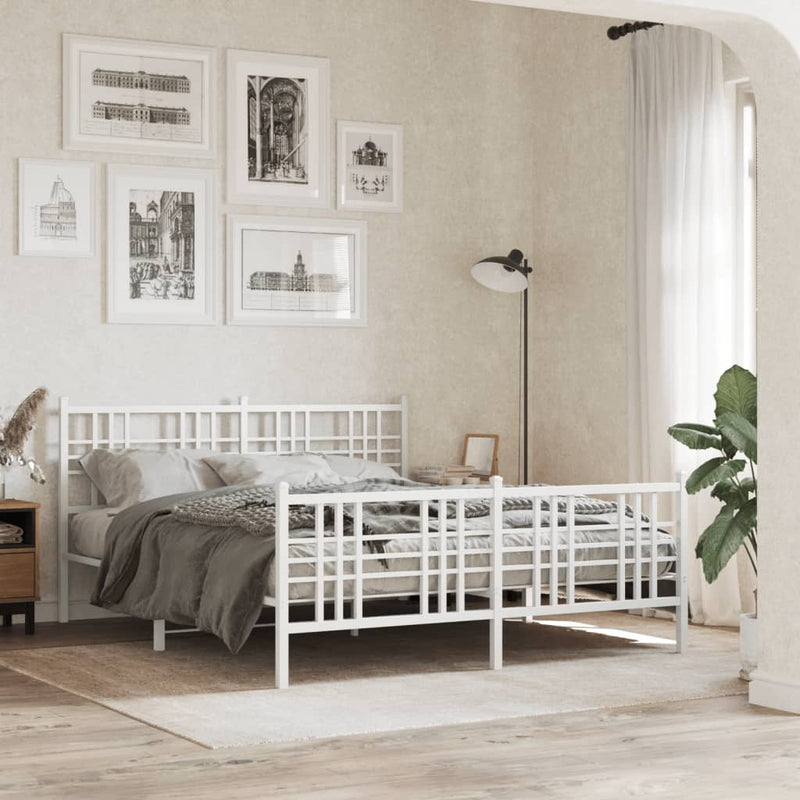 Metal Bed Frame with Headboard and Footboard White 150x200 cm King Size