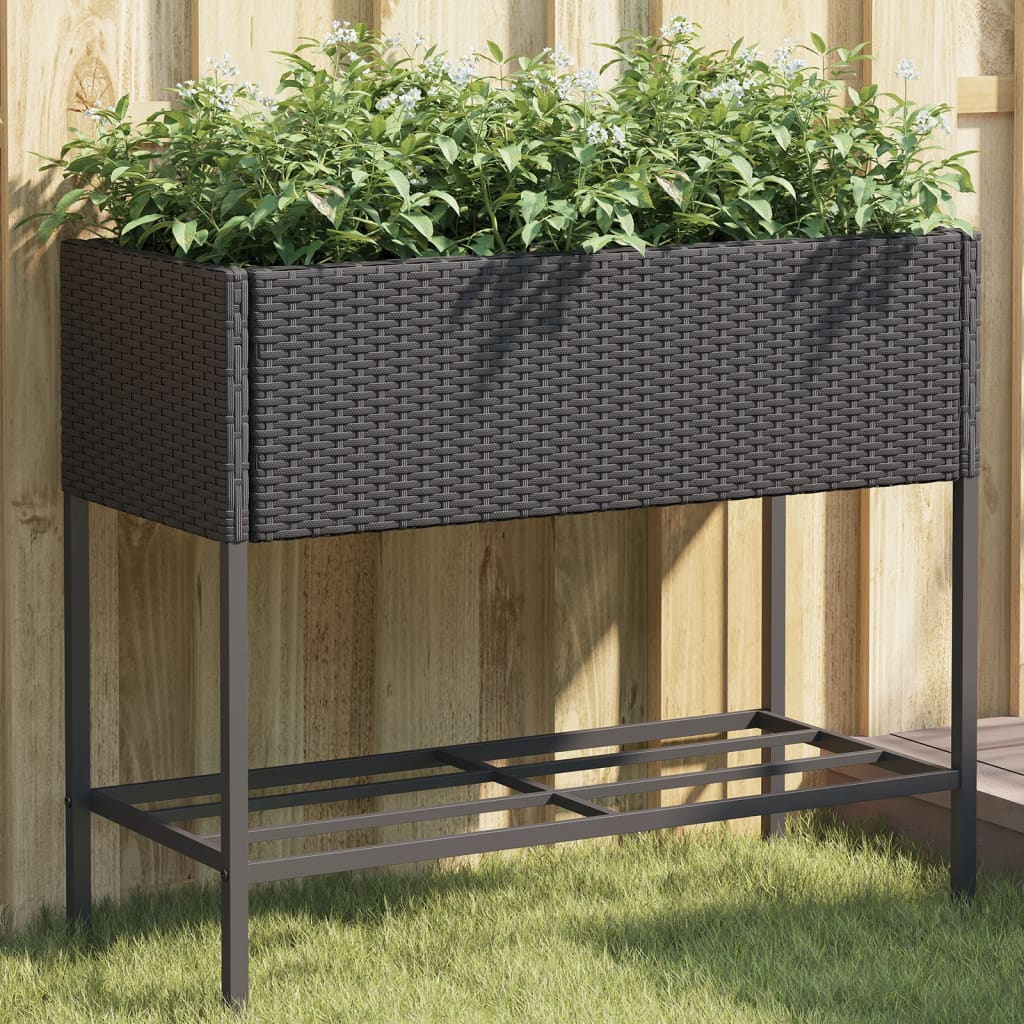 Garden Planter with Shelf Poly Rattan Width 90 cm Black