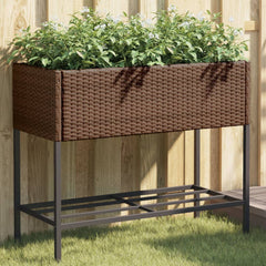 Garden Planter with Shelf Poly Rattan Width 90 cm Brown