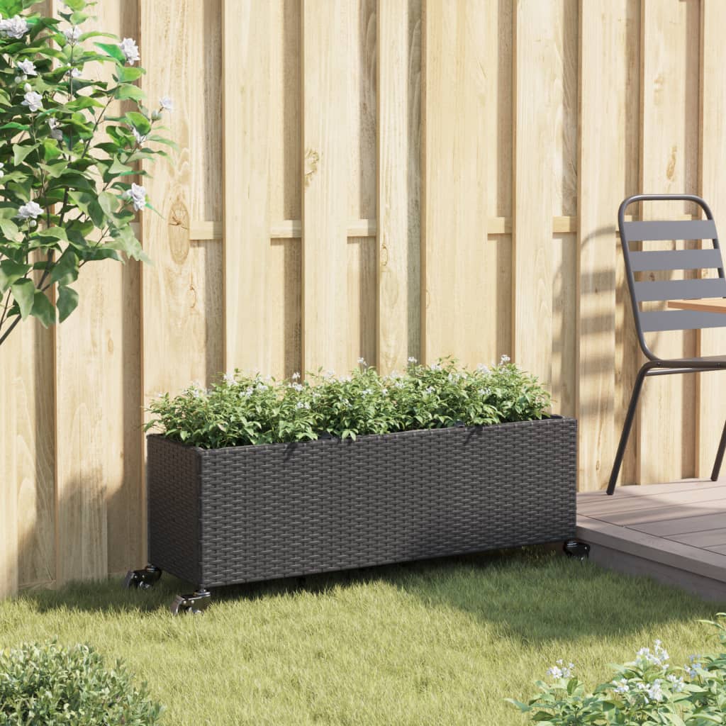 vidaXL Garden Planter with Wheels and 3 Pots Black 107x32x38 cm Poly Rattan 3