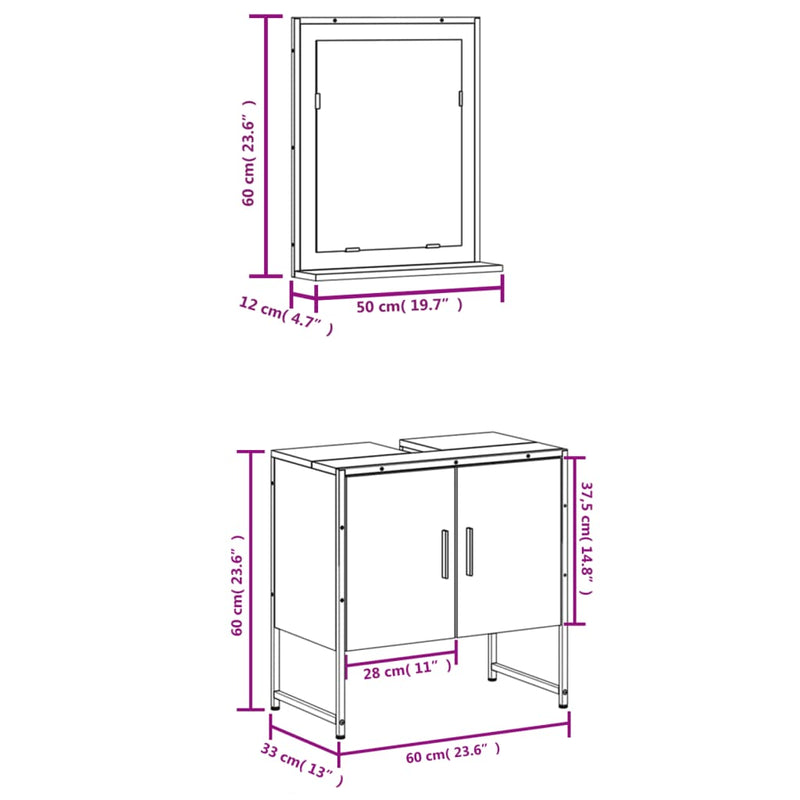 Juego de gabinetes de baño de 2 piezas de madera de ingeniería negra