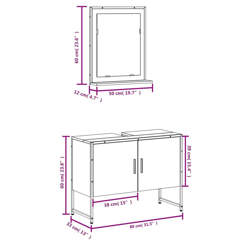 2 Piece Bathroom Cabinet Set Black Engineered Wood