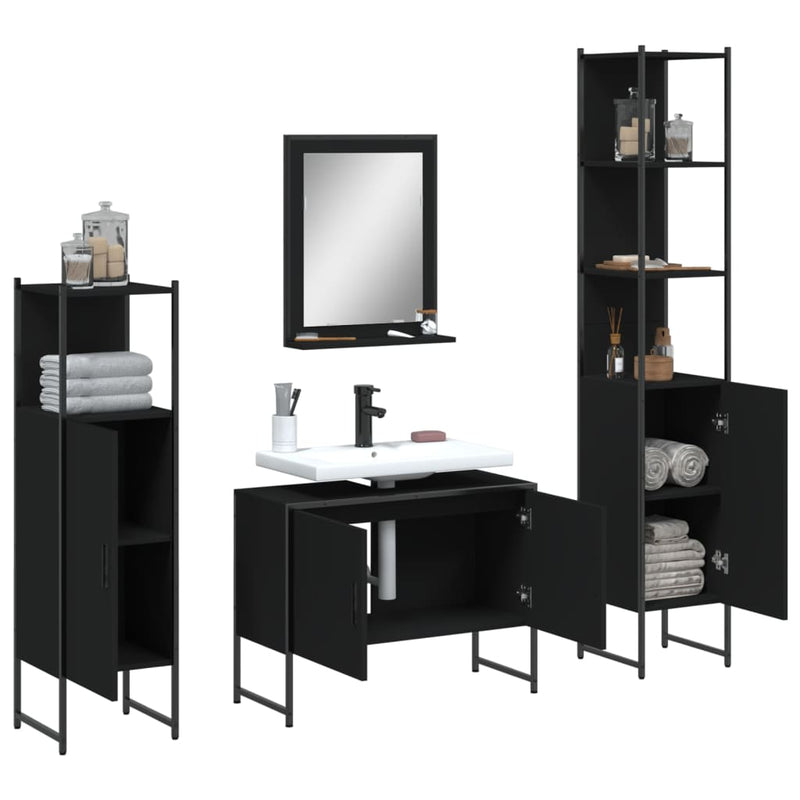 4 Piece Bathroom Cabinet Set Black Engineered Wood