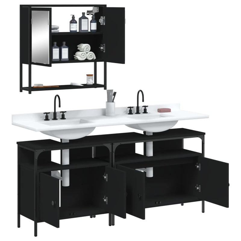 3 Piece Bathroom Furniture Set Black Engineered Wood