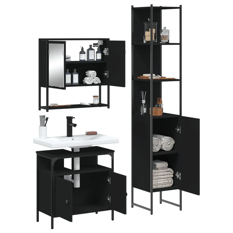 3 Piece Bathroom Furniture Set Black Engineered Wood