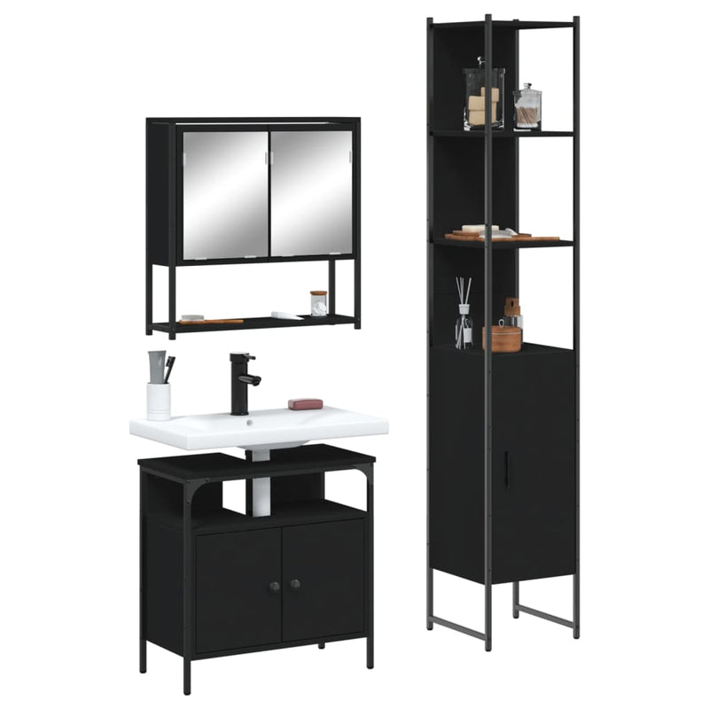 3 Piece Bathroom Furniture Set Black Engineered Wood