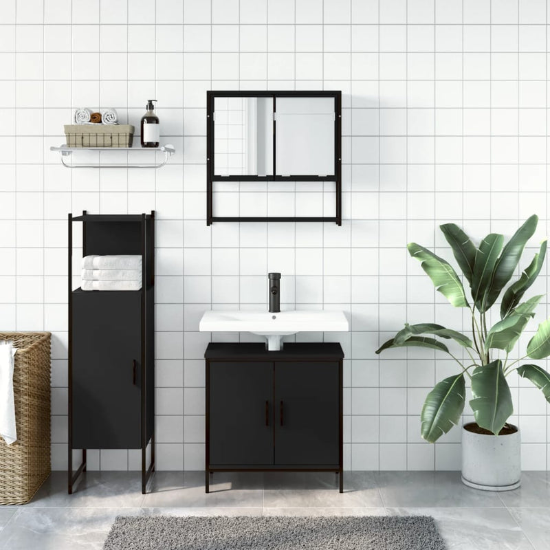 3 Piece Bathroom Furniture Set Black Engineered Wood