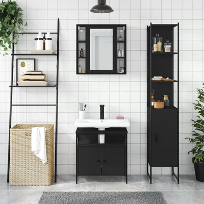 3 Piece Bathroom Cabinet Set Black Engineered Wood