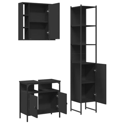 3 Piece Bathroom Cabinet Set Black Engineered Wood