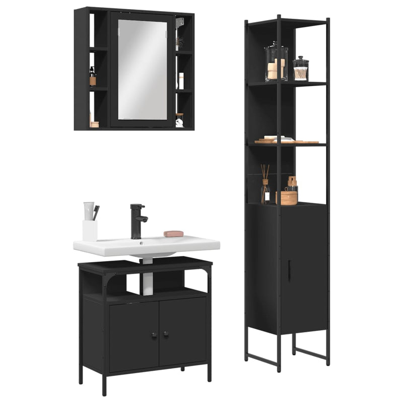 3 Piece Bathroom Cabinet Set Black Engineered Wood