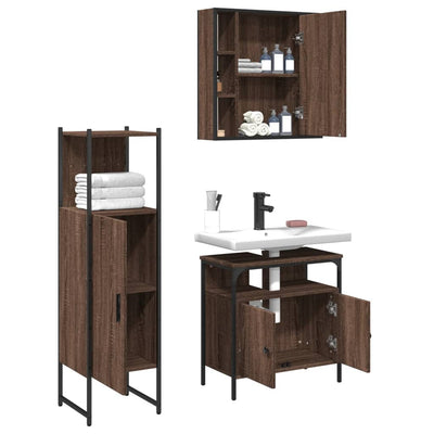 3 Piece Bathroom Cabinet Set Brown Oak Engineered Wood