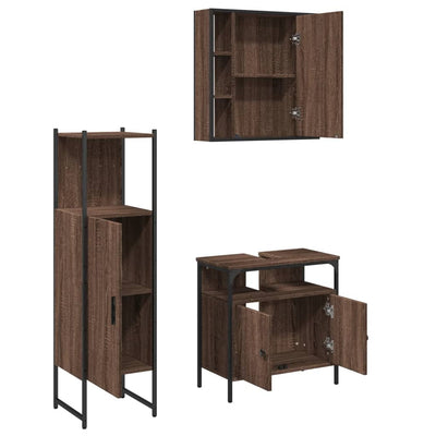 3 Piece Bathroom Cabinet Set Brown Oak Engineered Wood