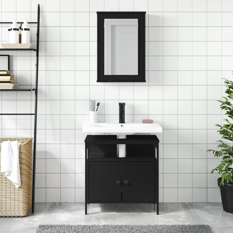 2 Piece Bathroom Furniture Set Black Engineered Wood