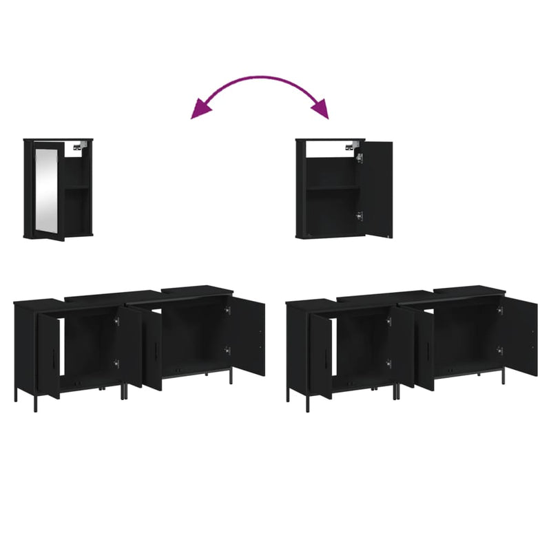 3 Piece Bathroom Furniture Set Black Engineered Wood