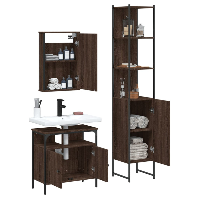 3 Piece Bathroom Furniture Set Brown Oak Engineered Wood