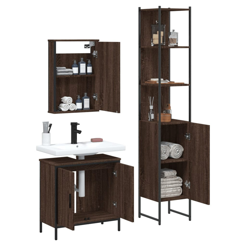 3 Piece Bathroom Furniture Set Brown Oak Engineered Wood.