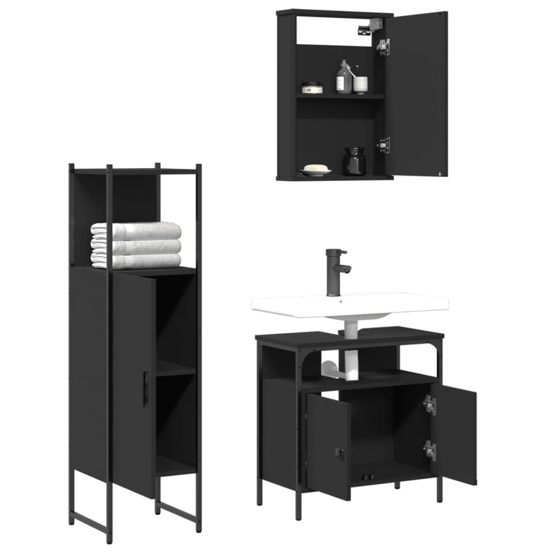 3 Piece Bathroom Furniture Set Black Engineered Wood