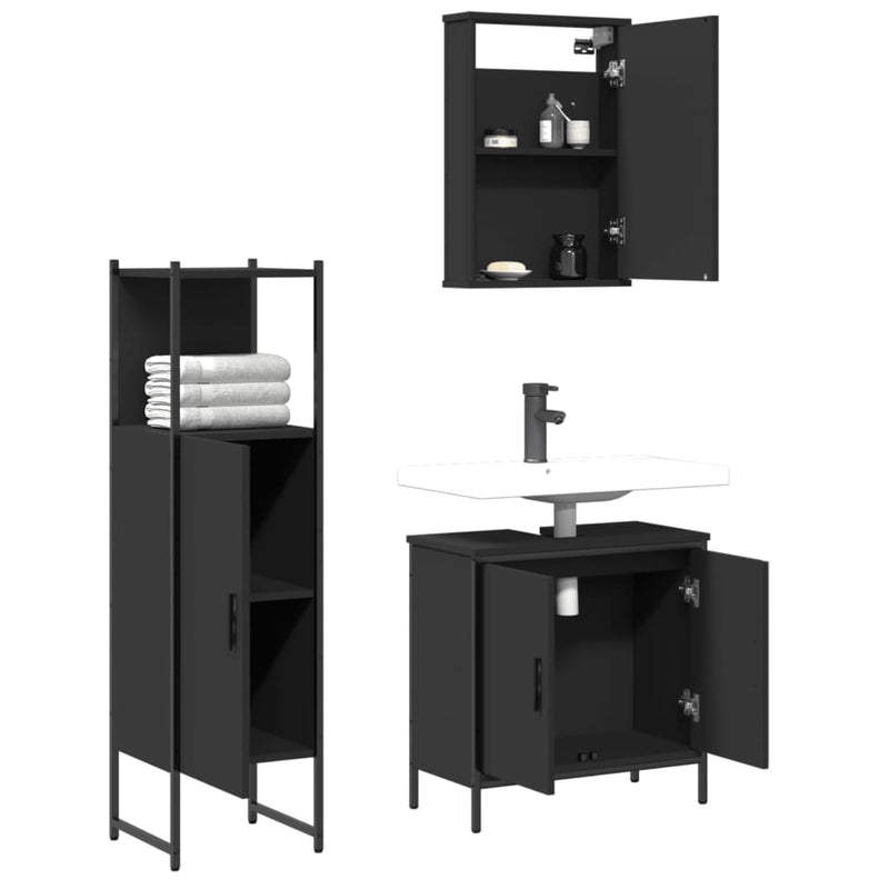 3 Piece Bathroom Furniture Set Black Engineered Wood