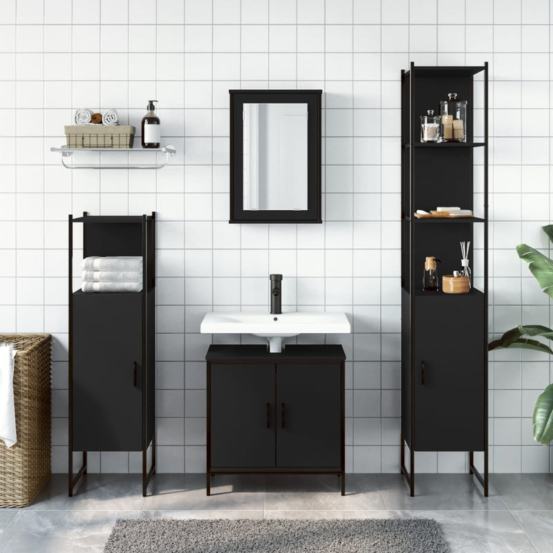 4 Piece Bathroom Furniture Set Black Engineered Wood