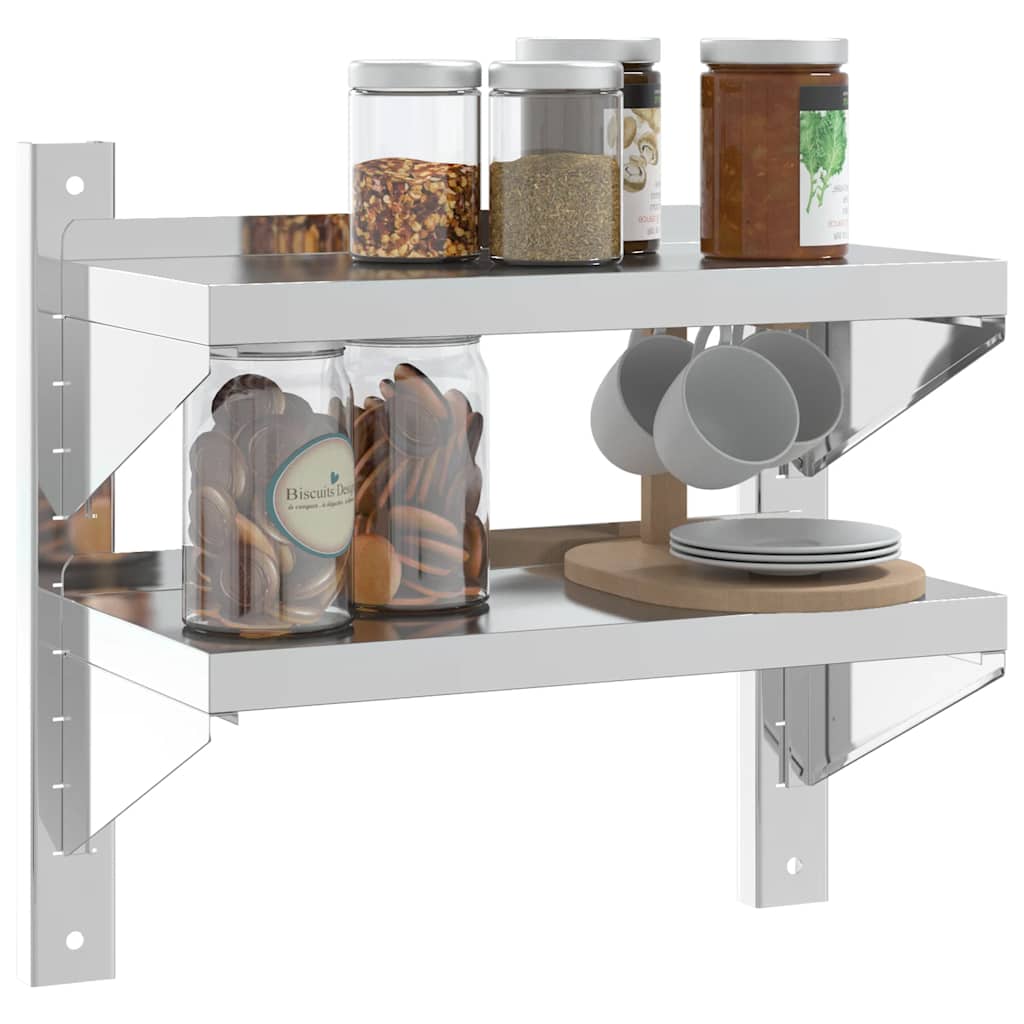 vidaXL 2-Tier Wall Shelf 50x23.5x48 cm Silver Stainless Steel 4