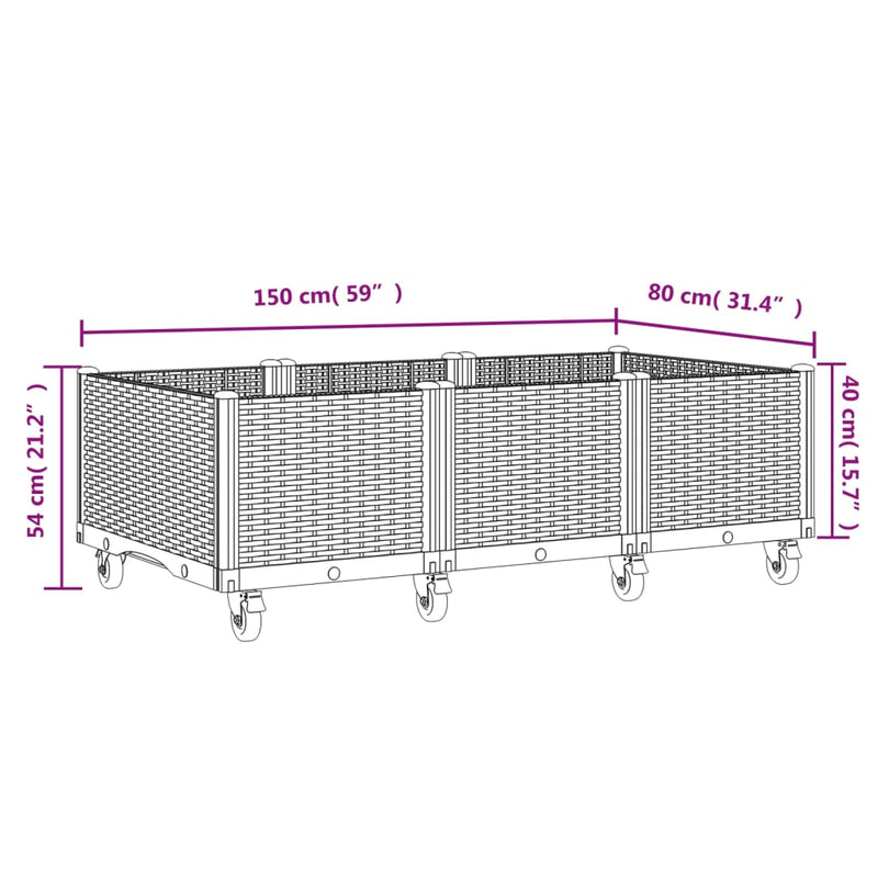 Garden Planter with Wheels Black 150x80x54 cm PP