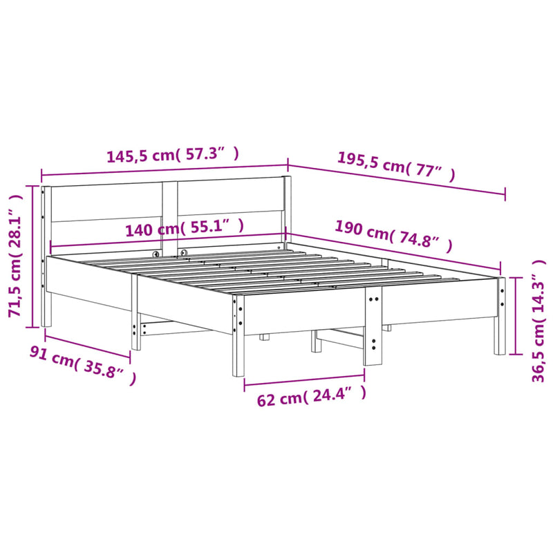 Bed Frame with Headboard White 140x190 cm Solid Wood Pine