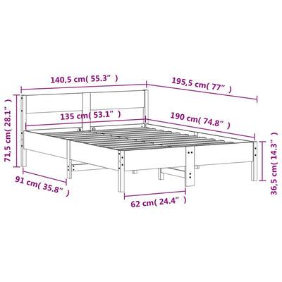 Bed Frame with Headboard White 135x190 cm Double Solid Wood Pine