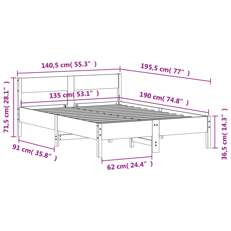 Bed Frame with Headboard Wax Brown 135x190 cm Double Solid Wood Pine