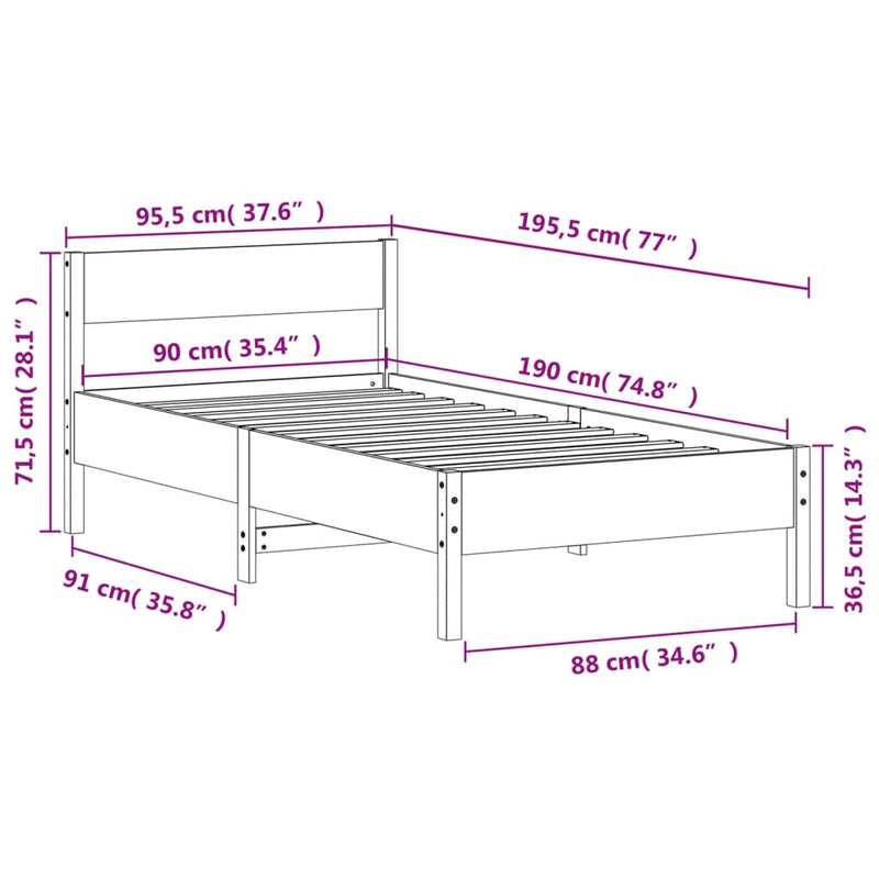 Bed Frame with Headboard Wax Brown 90x190 cm Single Solid Wood Pine