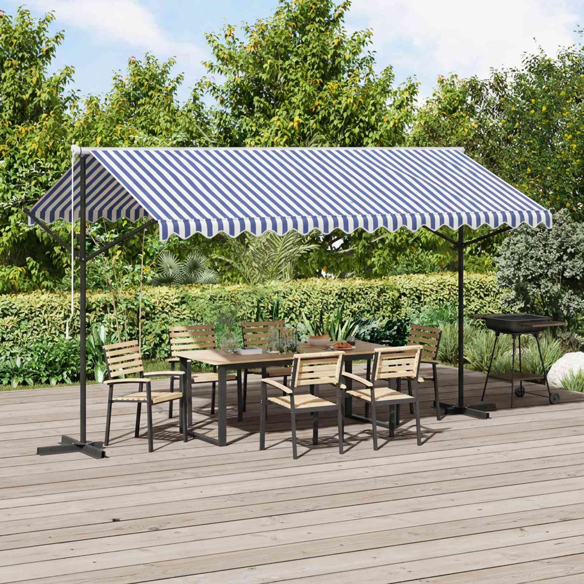 Free Standing Awning Polyester Blue and white 4 x 3 m with anthracite frame