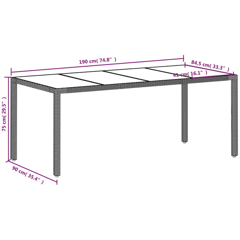 Garden Table with Glass Top Light Grey 190x90x75 cm Poly Rattan