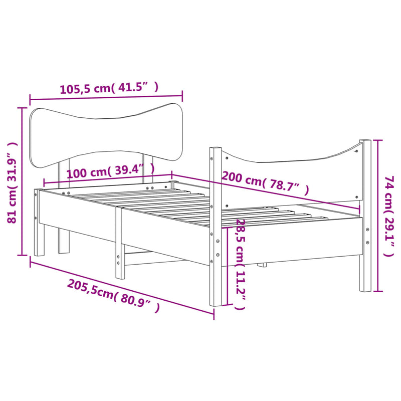 Bed Frame with Headboard White 100x200 cm Solid Wood Pine