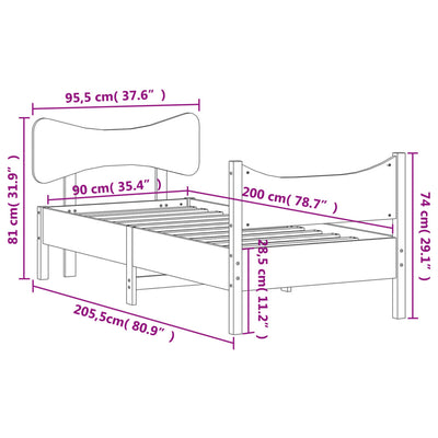 Bed Frame with Headboard White 90x200 cm Solid Wood Pine