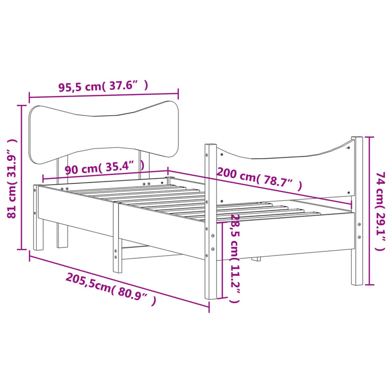 Bed Frame with Headboard White 90x200 cm Solid Wood Pine