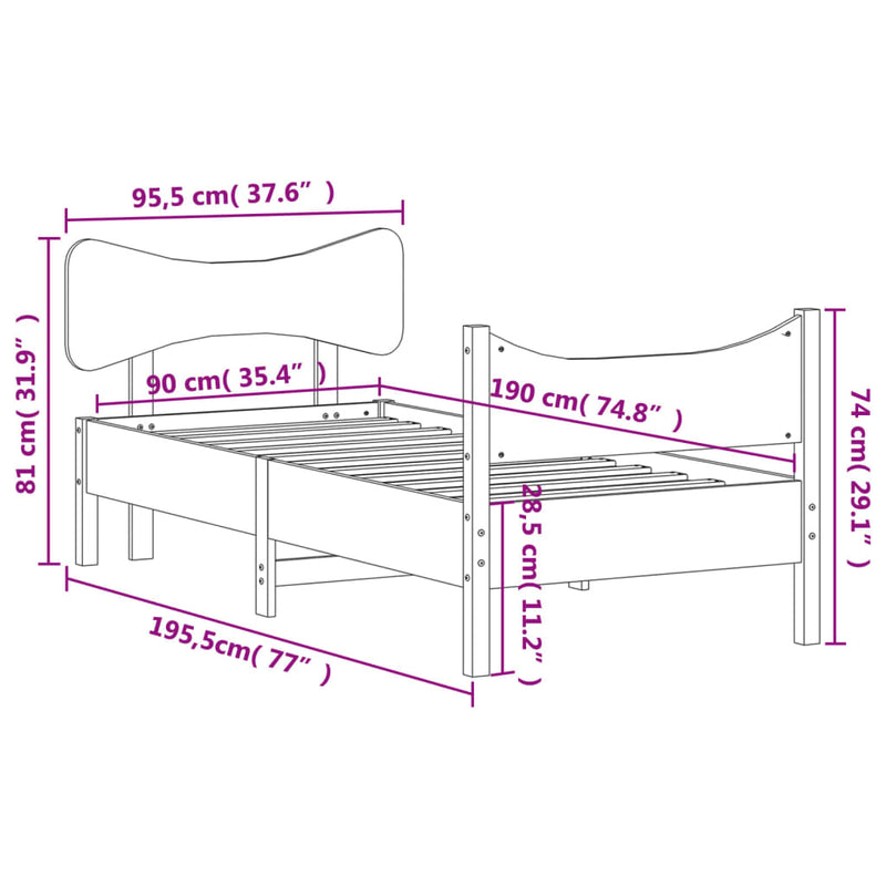 Bed Frame with Headboard Wax Brown 90x190 cm Single Solid Wood Pine