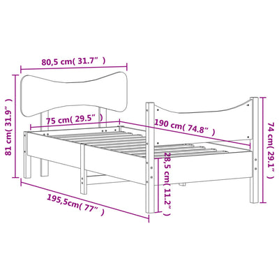 Bed Frame with Headboard White 75x190 cm Small Single Solid Wood Pine