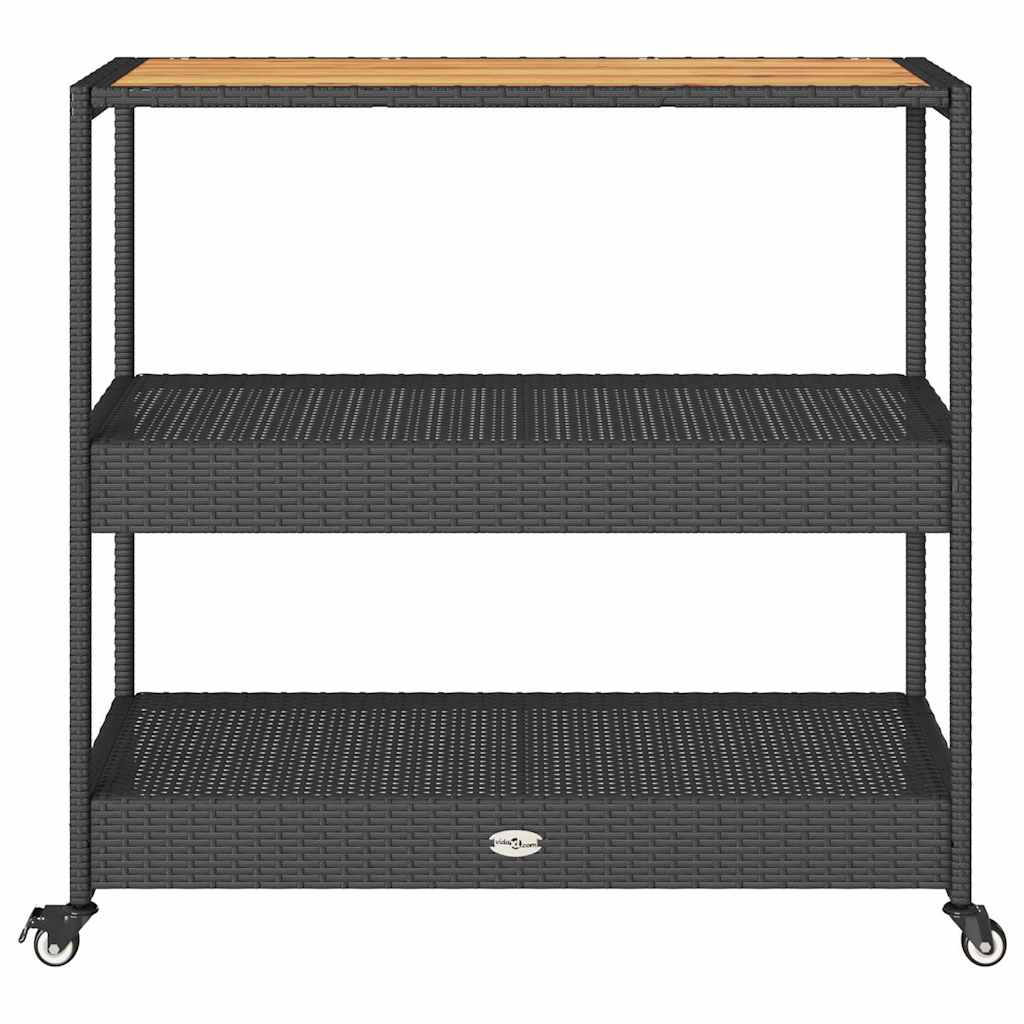 Bar Cart 3-Tier Grey Poly Rattan and Solid Wood Acacia Black and brown