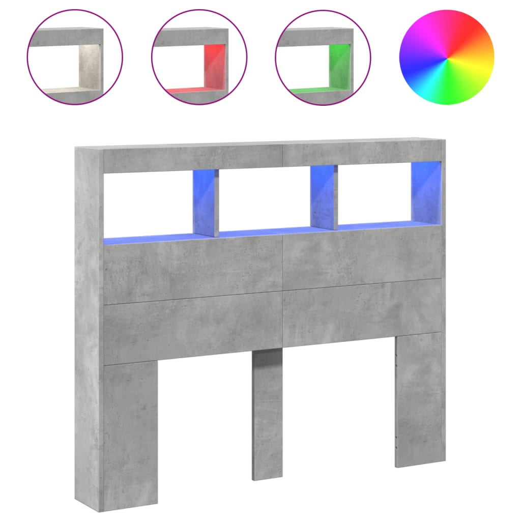 vidaXL Headboard Cabinet with LED Concrete Grey 120x17x102 cm 2
